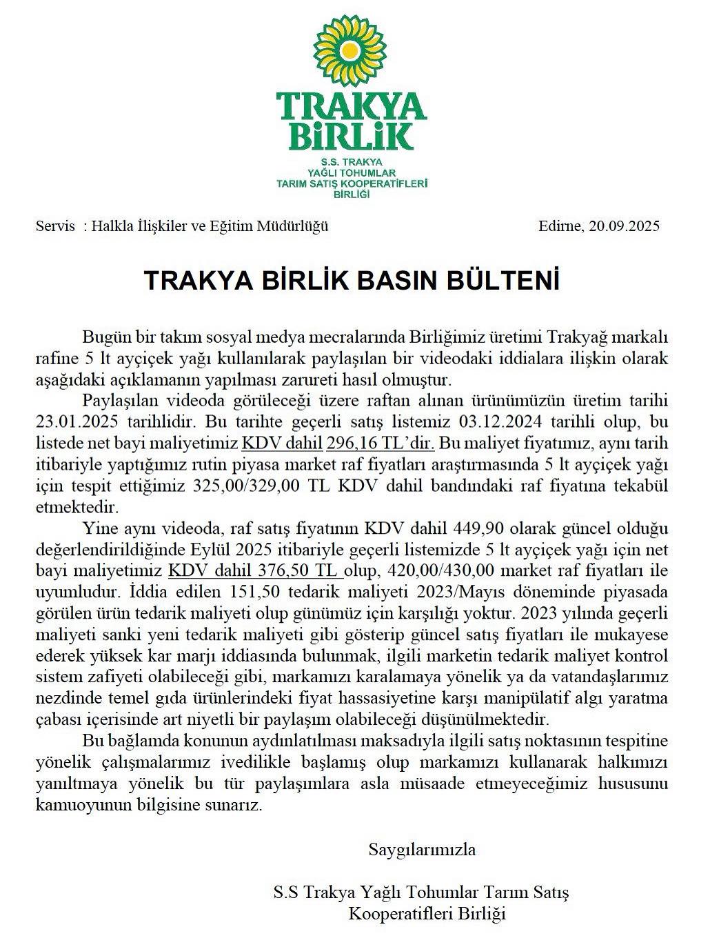 Trakya Birlik Basın Bildirisi